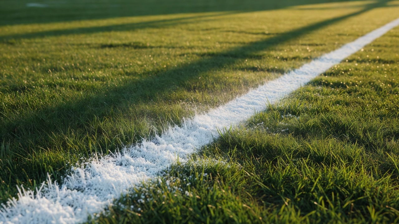 Close-up of a freshly painted white chalk touchline on short green grass in low sunlight