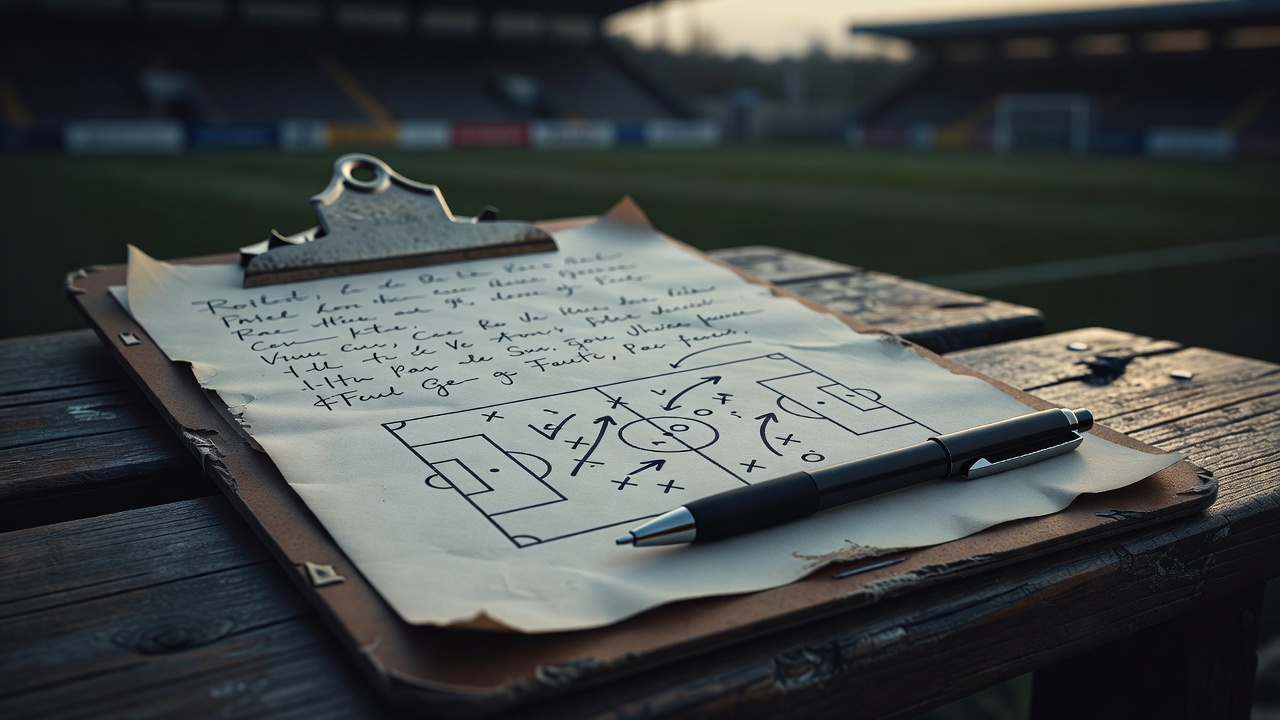 Close-up of a coach's clipboard with handwritten match notes and a small pitch sketch beside a pen