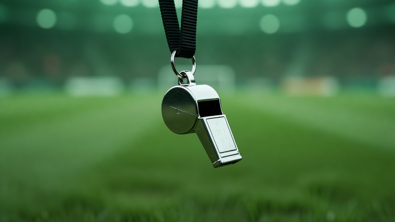 Shallow-focus close-up of a referee's silver whistle on a lanyard against a blurred green pitch