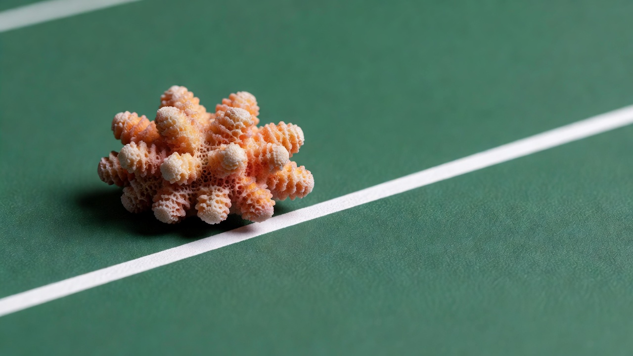 Macro photograph of a single coral magnet resting on a green tactics board beside a drawn white line