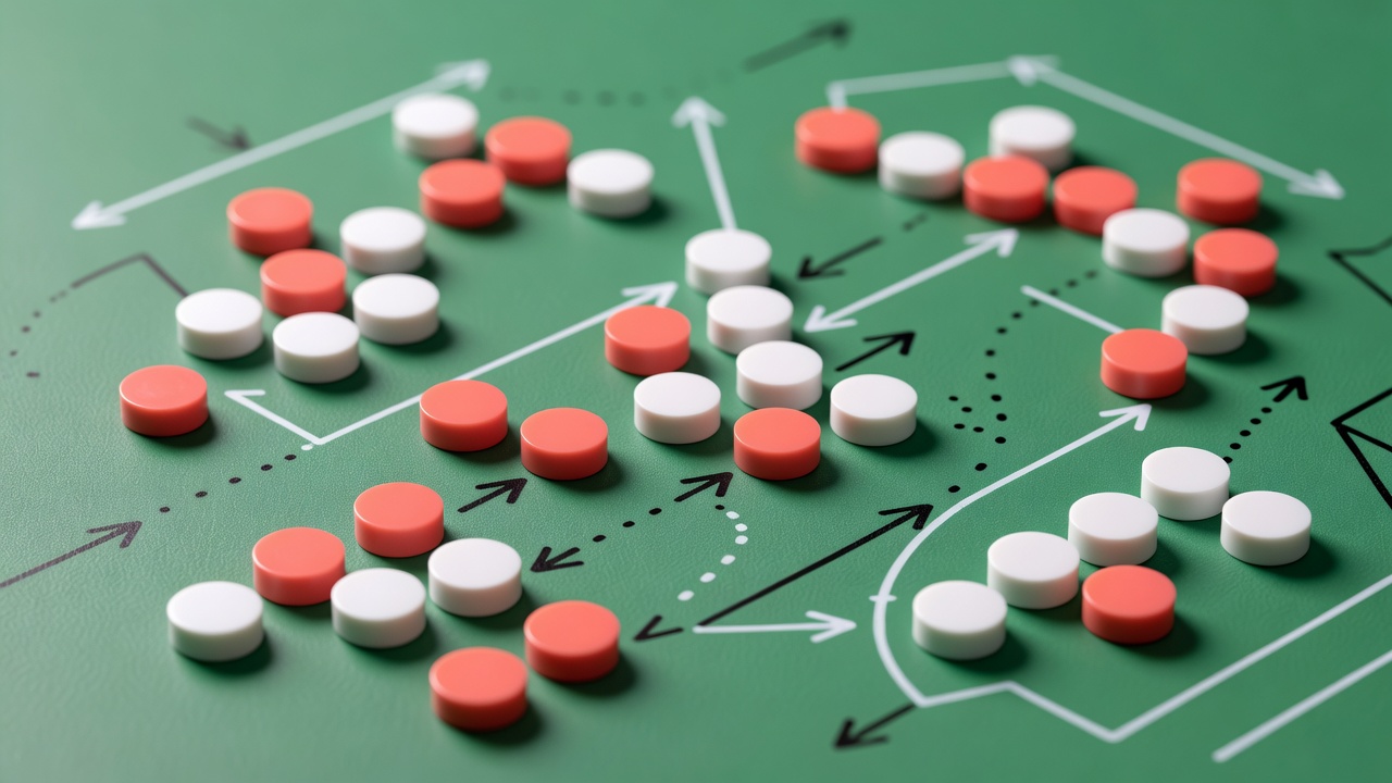 Close-up of coral and white magnets arranged on a green tactics board with marker lines